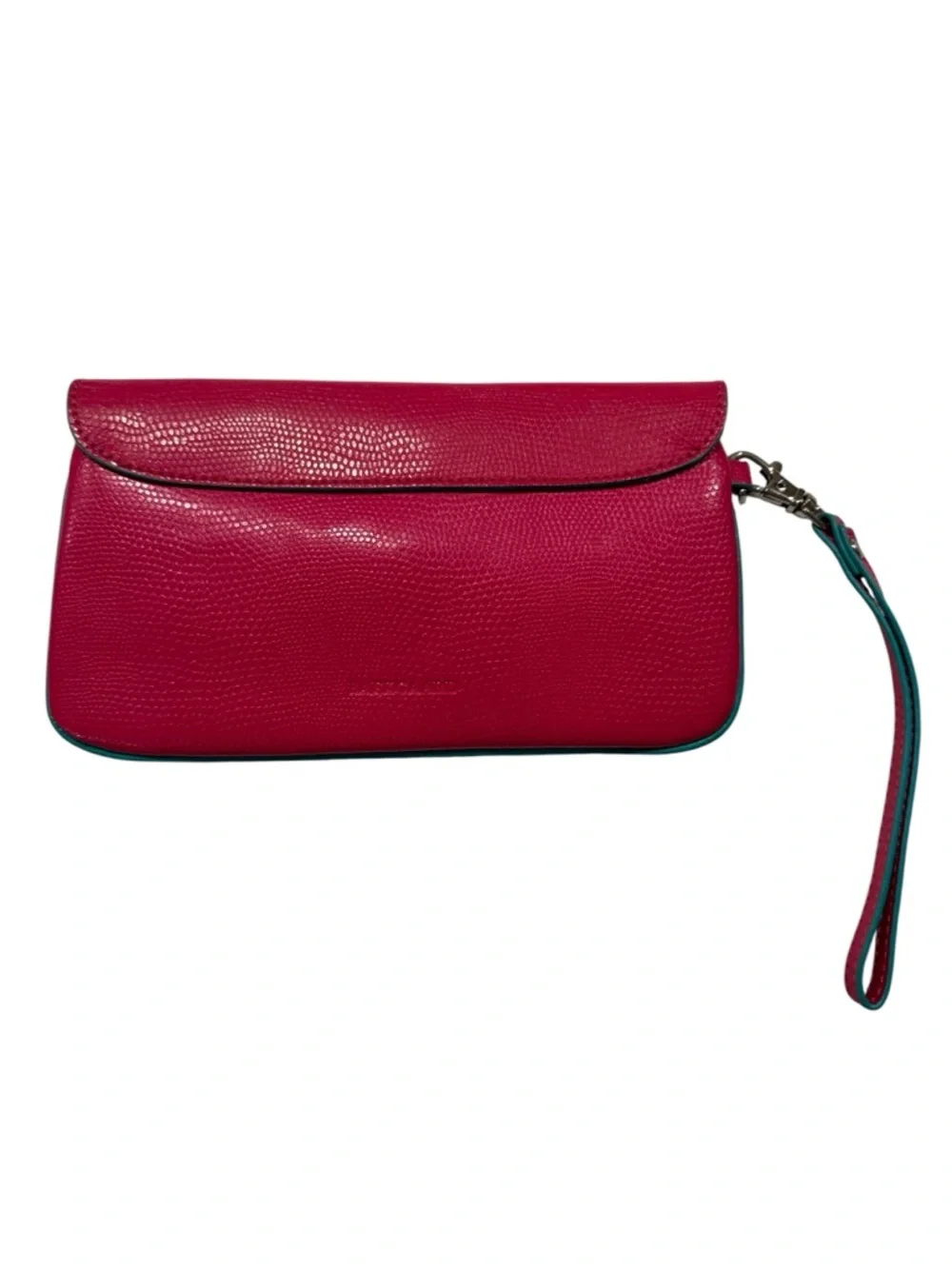 Baekgaard‎ Pink Faux Lizard Skin Wristlet Clutch Teal Interior Magnetic Snap